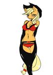  anthro anthrofied applejack_(mlp) assless_chaps avante92 blonde_hair blush bra camel_toe clothed clothing cowboy_hat elbow_gloves equine female friendship_is_magic fur gloves green_eyes hair hat horse latex mammal my_little_pony navel orange_fur panties plain_background pony rubber skimpy solo underwear white_background 