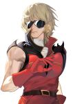  1boy absurdres blonde_hair char_aznable chinese_commentary closed_mouth commentary_request elbow_gloves gloves gundam hand_up highres looking_to_the_side male_focus medium_hair mobile_suit_gundam muscular muscular_male quattro_bajeena red_gloves red_shirt renleiwanyier shirt simple_background sleeveless solo sunglasses upper_body white_background 