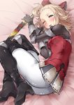  armor armored_dress ass blonde_hair blue_eyes blush boots bow bravely_default:_flying_fairy bravely_default_(series) edea_lee elbow_gloves gloves hair_bow looking_at_viewer lying mamedenkyuu_(berun) on_side one_eye_closed open_mouth pantyhose sheath sheathed short_hair solo sword thigh_boots thighhighs weapon white_legwear 