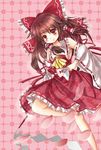  ascot bare_shoulders bow brown_hair detached_sleeves gohei hair_bow hair_tubes hakurei_reimu long_hair ofuda oumi_hi red_eyes ribbon skirt smile solo touhou 