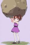  1girl ai-assisted black_shoes boulder brown_hair bunny_(ppg) child colokhan commentary dress dress_shoes english_commentary grass high_ponytail highres lifting_object pantyhose ponytail powerpuff_girls purple_background purple_dress purple_eyes shoes short_dress sleeveless solo standing strong white_pantyhose 