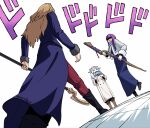  3girls artist_name back black_shoes blue_coat blue_dress blue_shawl blunt_bangs boots brown_shoes coat commentary dress elf english_commentary fern_(sousou_no_frieren) frieren grey_jacket highres holding holding_staff jacket jojo_no_kimyou_na_bouken knee_boots long_hair meme menacing_(jojo) methode_(sousou_no_frieren) multiple_girls oh?_you're_approaching_me?_(meme) pants pointy_ears pout red_pants scene_reference serialboel shawl shoes sound_effects sousou_no_frieren staff stardust_crusaders tile_floor tiles twintails white_coat 