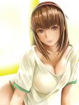  blue_eyes breasts brown_hair cleavage collarbone dead_or_alive green_panties hairband hitomi_(doa) large_breasts nannacy7 no_pants panties shirt smile solo t-shirt underwear 