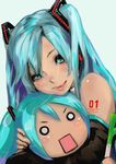  1ji45fun aqua_eyes aqua_hair detached_sleeves hachune_miku hatsune_miku hug lips long_hair looking_at_viewer smile twintails vocaloid 