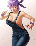  ayane_(doa) breasts cleavage dead_or_alive denim fighting_stance headband large_breasts naked_overalls open_mouth overalls purple_hair red_eyes short_hair sideboob simple_background solo tkln topless wristband 