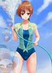  :o brown_hair chuunibyou_demo_koi_ga_shitai! collarbone competition_school_swimsuit hair_ornament hairclip highres holding hose looking_at_viewer nibutani_shinka one-piece_swimsuit rasukaru red_eyes school_swimsuit shirt sleeves_rolled_up solo swimsuit swimsuit_under_clothes v-shaped_eyebrows water wet wet_clothes wet_shirt 