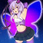  arm_behind_head armpits bad_id bad_pixiv_id butterfly_wings elbow_gloves gloves hair_ornament hat long_hair looking_at_viewer navel okuri_banto open_mouth purple_eyes purple_hair solo twintails vocaloid voiceroid wings yuzuki_yukari 