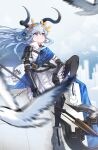  1girl absurdres animal_ears arknights arm_armor axe battle_axe bird black_gloves black_horns black_pantyhose blue_hair blue_shawl boots chinese_commentary commentary_request cow_girl cow_horns cow_tail cynisca_(arknights) floating_hair full_body gloves highres horns knee_up laurel_crown long_hair looking_up miniskirt motion_blur pantyhose pleated_skirt purple_eyes shawl shirt short_sleeves single_shoulder_pad sitting skirt sky solo tail very_long_hair weapon white_bird white_boots white_shirt white_skirt white_sky wvw 