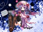  black_legwear book boots bow crescent cross-laced_footwear dress hair_bow hair_ribbon hat heart lace-up_boots long_hair oumi_hi panties patchouli_knowledge purple_eyes purple_hair ribbon smile solo striped striped_panties thighhighs touhou underwear 