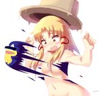  artist_name assisted_exposure blonde_hair blueberry_(5959) blush breasts constricted_pupils groin hair_ribbon hat medium_breasts moriya_suwako navel nipples nude open_mouth ribbon shirt short_hair sidelocks signature solo surprised tears torn_clothes torn_shirt touhou white_background yellow_eyes 