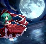  bow cloud dress frills front_ponytail full_moon green_eyes green_hair hair_bow hair_ornament hair_ribbon highres kagiyama_hina long_hair moon night night_sky oumi_hi ribbon ripples short_sleeves sky solo touhou water 