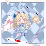  >_< 1girl ace_(playing_card) ace_of_hearts ahoge animal animal_ear_hairband animal_ears apron argyle_background argyle_bow argyle_clothes argyle_skirt blonde_hair bloomers blue_apron blue_background blue_bow blue_hairband blue_ribbon blue_shoes blue_socks border bow bowtie brown_eyes card cat chibi chinese_commentary cloak clothed_animal collared_shirt colored_skin commentary_request dress_shirt drill_hair ear_covers eyelashes fake_animal_ears frilled_apron frilled_bloomers frilled_skirt frilled_sleeves frilled_socks frilled_wrist_cuffs frills grey_bloomers hair_bow hair_ornament hairband happy heart heart_hair_ornament helios_youyouran high-waist_skirt hood hood_up hooded_cloak infinity_nikki kneehighs light_blush lolita_fashion long_hair looking_at_animal mary_janes momo_(nikki) multicolored_skin navel nikki_(series) open_mouth outline outside_border outstretched_arm parted_bangs playing_card puffy_short_sleeves puffy_sleeves rabbit_ear_hairband rabbit_ears red_bow red_bowtie rewound_daydream_(infinity_nikki) ribbon ribbon_legwear shirt shoes short_sleeves sidelocks signature skirt sleeve_bow smile socks solo tareme teeth traditional_bowtie two-tone_skin two-tone_socks upper_teeth_only variant_set very_long_hair waist_apron waist_bow white_border white_cat white_outline white_shirt white_socks white_wrist_cuffs wrist_cuffs yellow_cloak 