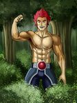  abs anthro armpits belt biceps blue blue_eyes brown_fur buff bulge clothing eyes fangs feline flexing forest fur gaycandypop green_eyes hair lion-o male mammal muscles nature nipples open_mouth outside pants pecs pose red_hair solo standing tan_fur teeth thundercats toned topless tree wood 