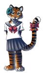  bow cub cute feline female flower fur green_eyes looking_at_viewer mammal orange_fur plain_background sailor_fuku skirt solo threadandclaws tiger white_background young 