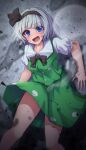  1girl against_wall black_bow black_bowtie black_hairband blue_eyes blunt_bangs blush bob_cut bow bowtie breasts clothes_lift collared_shirt commentary_request cowboy_shot green_skirt green_vest hairband highres konpaku_youmu konpaku_youmu_(ghost) medium_breasts medium_hair medium_skirt open_mouth scared shirt short_sleeves skirt skirt_lift skirt_set solo tearing_up teeth tongue touhou vest white_hair white_shirt wind wind_lift wing_collar yosshy 