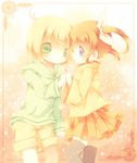  1girl blonde_hair blush brown_hair green_eyes holding_hands hood hoodie long_sleeves lyrical_nanoha mahou_shoujo_lyrical_nanoha purple_eyes short_hair short_twintails shorts skirt smile soratoe takamachi_nanoha thighhighs twintails yuuno_scrya 