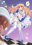  ! alice_(wonderland) alice_in_wonderland blonde_hair blue_eyes bow checkered dress eye_pop garters hair_bow hair_ribbon humpty_dumpty legs long_hair mary_janes no_panties photoshop pussy ribbon shoes thighhighs uncensored upskirt wind_lift yukiwo 