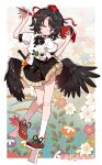  1girl black_bow black_bowtie black_hair black_skirt black_wings bow bowtie closed_mouth commentary floral_background frills fuji_tarawi full_body geta hat highres holding holding_notepad holding_pen leaf leaf_background leaf_print legs looking_at_viewer maple_leaf_print medium_hair notepad one_eye_closed pen pointy_ears red_eyes shameimaru_aya shirt skirt smile socks solo tengu-geta tokin_hat touhou twitter_username white_shirt white_socks wings 
