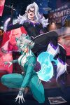  1boy 2girls absurdres animal_ears billboard black_cat_(marvel) black_cat_(marvel_rivals) blue_eyes bodysuit breasts city claw_mark claws cleavage commentary covered_eyes curvy domino_mask dress_shirt english_commentary english_text eye_mask eyeshadow fox_ears fox_girl fox_tail full_body fur-trimmed_bodysuit fur_trim gloves hair_bun hair_ornament high_heels highres jhony_caballero large_breasts long_hair makeup marvel marvel_rivals mask multiple_girls narrow_waist necktie newspaper night pink_lips purple_lips shirt short_hair sign sitting solid_eyes spider-man_(series) squatting suit tail thick_thighs thighs white_fox_(marvel) white_hair wilson_fisk 