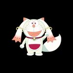  1boy bekasaku black_background character_fusion crossover doraemon doraemon_(character) fusion humor kyubey kyubey_(cosplay) looking_at_viewer mahou_shoujo_madoka_magica male male_focus parody red_eyes simple_background smile solo tail waving 