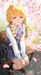  1girl absurdres bag black_bag black_bow black_socks blonde_hair blue_bow blue_bowtie blue_skirt blue_vest blush bow bowtie braid braided_twintails brown_shoes cherry_blossoms chinese_commentary collarbone collared_shirt commentary_request falling_petals fujita_kotone full_body gakuen_idolmaster gong_yan_tvt hair_bow hands_on_own_knees hatsuboshi_gakuen_school_uniform highres idolmaster loafers long_hair long_sleeves looking_at_viewer miniskirt on_bench open_mouth outdoors petals school_bag school_emblem school_uniform shirt shoes sitting skirt socks solo swept_bangs twin_braids twintails unworn_bag vest white_shirt yellow_eyes 