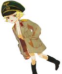  artist_request blonde_hair boots erwin erwin_(girls_und_panzer) girls_und_panzer green_eyes hat jacket naked_coat naked_jacket sakuran0206 tongue tongue_out 