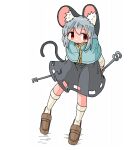  1girl animal_ear_fluff animal_ears arms_behind_back blue_capelet blue_gem blush brown_shoes capelet closed_mouth commentary_request dowsing_rod frown gem grey_hair grey_skirt holding holding_behind_back holding_rod jewelry kasuya_baian kneehighs loafers long_sleeves looking_at_viewer medium_hair medium_skirt mouse_ears mouse_girl mouse_tail nazrin necklace partial_commentary red_eyes rod shirt shoes skirt socks solo tail touhou white_shirt white_socks yellow_trim 