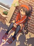  bandaid black_legwear blush braid brown_hair flag gym_shorts hair_over_one_eye hairband jacket kneehighs long_hair numbered_flag original pairan pink_eyes pov shadow shoes shorts single_braid sitting smile sneakers sports_festival track_jacket zipper 