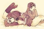  blush breasts chin_rest large_breasts legs_up long_hair lying monochrome multiple_girls nazume_mikuru on_back on_bed on_stomach school_uniform sepia shiraishi_ayuna short_hair skirt socks xration zero_in 