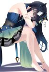  1girl absurdres animal_ears asymmetrical_clothes asymmetrical_jacket barefoot blue_eyes blue_hair blue_nails blush breasts commentary_request ear_covers hair_between_eyes highres horse_ears horse_girl horse_tail invisible_chair kirameki_(rikukaikuu) long_hair looking_at_viewer medium_breasts mole mole_under_eye parted_lips simple_background single_ear_cover sitting smile solo tail umamusume verxina_(le_beau_sommet)_(umamusume) verxina_(umamusume) 