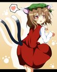  animal_ears brown_eyes brown_hair cat_ears cat_tail chen do_(4-rt) fang hat heart highres letterboxed long_sleeves looking_back multiple_tails nekomata open_mouth paw_pose paw_print shirt short_hair skirt skirt_set smile solo spoken_heart tail touhou vest 