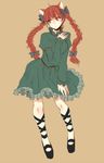  animal_ears bad_id bad_pixiv_id braid brown_background cat_ears dress extra_ears full_body highres hinase_kei kaenbyou_rin long_hair mary_janes red_eyes red_hair ribbon shoes simple_background solo touhou twin_braids twintails 