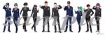  5boys 5girls amuro_ray artist_request black_jacket black_pants blue_jacket blue_pants char's_counterattack char_aznable four_murasame gigi_andalusia gundam gundam:_hathaway's_flash gundam_zz haman_karn hathaway_noa highres in-franchise_crossover jacket japan_railways judau_ashta kamille_bidan lalah_sune mobile_suit_gundam multiple_boys multiple_girls official_art pants quess_paraya salute sample_watermark third-party_source train_conductor watermark zeta_gundam 