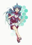  1girl absurdres breasts buttons cloud_print commentary curly_hair favnvs_(s910a_ib6) full_body green_eyes green_hair highres honeycomb_(pattern) honeycomb_background horns kariyushi_shirt komainu_ears komainu_girl komano_aunn long_hair looking_to_the_side open_mouth paw_pose red_shirt sandals shirt short_hair shorts signature single_horn small_breasts solo standing teeth toes touhou very_long_hair white_background white_shorts 