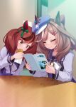  2girls animal_ears blue_hat blush bow bowtie breasts brown_eyes brown_hair closed_eyes closed_mouth collarbone commentary_request cover cover_page ear_bow ear_covers ear_ribbon ears_through_headwear food green_bow hair_ornament hat highres horse_ears horse_girl long_hair long_sleeves matikanetannhauser_(umamusume) medium_hair mofu_namako multicolored_hair multiple_girls newsboy_cap nice_nature_(umamusume) pleated_skirt purple_sailor_collar purple_serafuku purple_shirt purple_skirt reading sailor_collar sailor_shirt school_uniform serafuku shirt skirt streaked_hair taiyaki tilted_headwear tracen_school_uniform twintails umamusume wagashi white_bow white_bowtie 