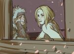  1boy 1girl blonde_hair commentary dismoond english_commentary facial_mark highres jiraiya_(naruto) long_hair looking_at_another mature_female mature_male naruto_(series) sitting spiked_hair tsunade_(naruto) white_hair 