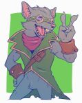 2017 alternate_version_at_source anthro belt bracelet buckteeth claws clothing eyewear featureless_crotch fur gesture goggles gradient gradient_fur green_background grey_body grey_fur hand_gesture hand_on_hip happy hi_res jewelry kerchief league_of_legends looking_at_viewer male mammal murid murine notched_ear open_mouth open_smile pink_eyes pose rat riot_games rodent sharp_teeth simple_background smile smiling_at_viewer solo sunspotfish teeth tencent tongue topwear torn_clothing twitch_(lol) v_sign vest