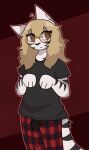 anthro ashblondekittyy ashlyn_(ashblondekitty) black_body black_clothing black_fur black_shirt black_stripes black_topwear blonde_hair bottomwear brown_eyes clothing domestic_cat eyewear facial_markings felid feline felis female fur glasses hair head_markings long_hair looking_away mammal markings pajama_pants pattern_bottomwear pattern_clothing paws plaid plaid_bottomwear plaid_clothing raised_paw shirt solo striped_arms striped_body striped_face striped_fur striped_markings striped_tail stripes tail tail_markings topwear trans_(lore) trans_woman_(lore) white_body white_fur