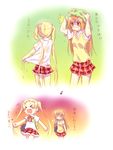  &gt;_&lt; 2girls :3 :d blonde_hair blush brown_eyes brown_hair chuunibyou_demo_koi_ga_shitai! closed_eyes comic dekomori_sanae directional_arrow dress_shirt drying drying_hair fang hair_ornament hairclip hatomugi_(hato6g) holding long_hair multiple_girls musical_note nibutani_shinka no_bra open_mouth plaid plaid_skirt school_uniform shirt sigh skirt smile sweater_vest towel translated twintails wet white_shirt 