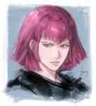  1girl absurdres black_shirt blue_background blue_eyes bob_cut border commentary_request gundam haman_karn highres looking_to_the_side neo_zeon parted_lips pink_hair portrait realistic shirt short_hair signature solo su2urann white_border zeta_gundam 