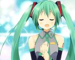  bare_shoulders closed_eyes detached_sleeves green_hair hatsune_miku headset long_hair necktie open_mouth solo twintails vocaloid wara_(warapro) 