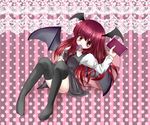  bat_wings blush book candy food head_wings koakuma lollipop long_hair long_sleeves necktie oumi_hi red_eyes red_hair smile solo touhou wings 