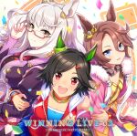  3girls ahoge album_cover animal_ears asymmetrical_clothes bandaid bandaid_on_cheek bandaid_on_face bandaid_on_nose bandeau biwa_hayahide_(pf._winning_equation...)_(umamusume) biwa_hayahide_(umamusume) black_hair black_shirt blue_bandeau blue_eyes blue_sports_bra blush bnw_(umamusume) breasts brown_hair closed_mouth clothes_around_waist clothing_cutout collarbone confetti cover denim ear_ornament fur-trimmed_jacket fur_trim glasses grey_hair hair_between_eyes hair_ornament hairclip highres hip_vent hood hoodie horse_ears horse_girl horseshoe jacket jacket_around_waist large_breasts long_hair long_sleeves looking_at_viewer multiple_girls narita_taishin_(nevertheless)_(umamusume) narita_taishin_(umamusume) official_art open_mouth pants pink_jacket purple_jacket purple_skirt red-framed_eyewear red_eyes red_hoodie red_jacket semi-rimless_eyewear shirt short_hair skirt sleeveless sleeveless_hoodie sleeveless_jacket small_breasts smile sports_bra tank_top teeth tied_shirt umamusume under-rim_eyewear upper_teeth_only white_hair winning_ticket_(get_to_winning!)_(umamusume) winning_ticket_(umamusume) wristband yellow_eyes yellow_shirt yellow_tank_top 