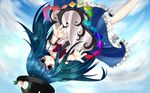  blue_hair bow cloud dress food fruit hat hinanawi_tenshi long_hair oumi_hi outstretched_arms peach red_eyes ribbon short_sleeves sky solo touhou 