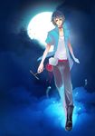  1boy bamboo_copter bell belt bird blue_hair boots cat_eyes cloud collar doraemon doraemon_(character) earrings flying full_moon highres jewelry looking_at_viewer male male_focus moon night open_clothes open_shirt orange_eyes personification shirt sky slit_pupils solo youkukill 