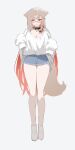  1girl animal_ears bell black_collar blonde_hair blunt_bangs blush bra_strap braid breasts cleavage collar colored_inner_hair commentary_request denim denim_shorts fang fluffy_tail fox_ears fox_girl fox_tail full_body glasses grey_background hair_behind_ear hair_between_eyes half-closed_eyes hands_up highres long_hair long_sleeves mayu_shirasaki multicolored_hair neck_bell open_mouth original red_eyes red_hair semi-rimless_eyewear shirt short_shorts shorts simple_background single_braid skin_fang sleeves_past_fingers sleeves_past_wrists socks solo sorotu standing tail tongue two-tone_hair under-rim_eyewear very_long_hair white_shirt white_socks 