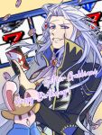  1boy artist_name ascot birthday black_jacket blue_cape cape card character_name commentary_request final_fantasy final_fantasy_vi gambling gem gold_trim grey_hair grin happy_birthday hat highres holding holding_card jacket kelland0526 long_hair looking_at_viewer male_focus messy_hair parted_bangs parted_lips poker_chip purple_ascot purple_eyes rabbit red_gem scar scar_across_eye scar_on_face scar_on_forehead scar_on_mouth setzer_gabbiani shoulder_spikes sidelocks slot_machine smile spikes tassel teeth upper_body yellow_hat 