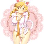 animal_ears bad_id bad_pixiv_id blonde_hair blush breasts cat_ears cat_tail doily drill_hair hair_ornament highres large_breasts long_hair mahou_shoujo_madoka_magica necktie no_pants solo tail tomoe_mami transparent_background twin_drills twintails yellow_eyes yuiyuimoe 