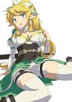 blonde_hair blush_stickers breasts choker cleavage elf green_eyes highres large_breasts leafa pointy_ears simple_background solo sword sword_art_online tashiromotoi thighhighs weapon white_background white_legwear 