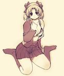  blush bow bra breasts cleavage hair_bow large_breasts miniskirt monochrome noriko_nomihara off_shoulder sepia short_twintails sitting skirt socks solo twintails underwear undressing wariza xration zero_in 